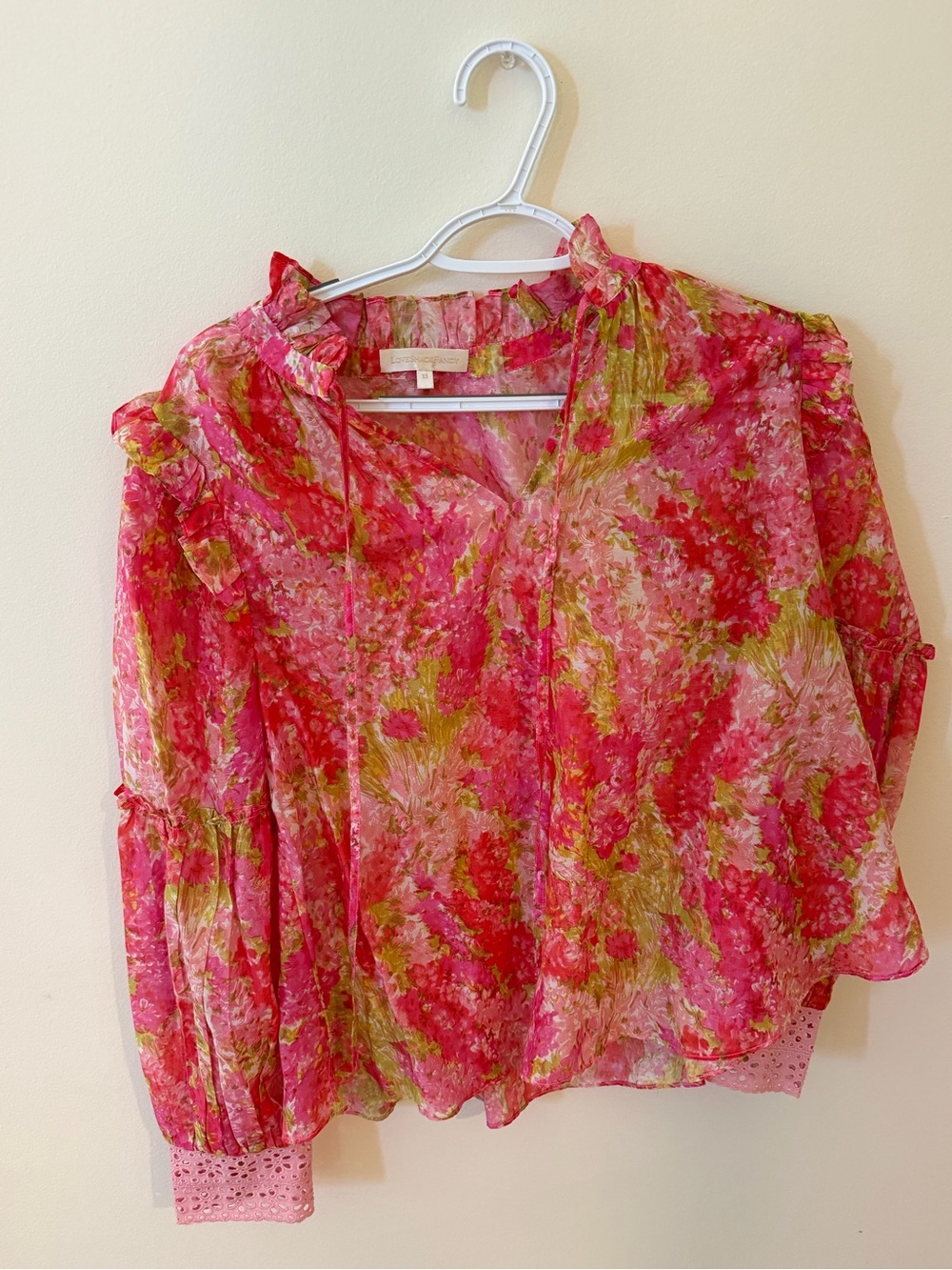 LoveShackFancy Sheer Pink Floral Ruffled Blouse with Green Accents
